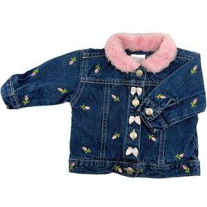 Cradle‎ Togs Baby Girls 3–6Mo Embroidered Denim Jacket Pink Fur Collar Roses EUC